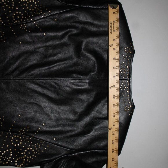 Dana Buchman Sz 12 Black Gold Stud Zipper 100% Leather Acetate Lined Jacket - Picture 12 of 16